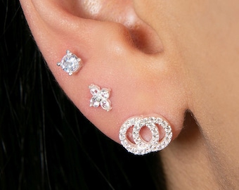 Dainty Stud Earrings Set, Sterling Silver Earrings, Diamond Solitaire, Flower & Double Hoop Earrings, Minimalist Jewelry, Gift for Her
