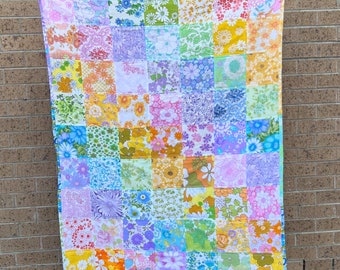 Rainbow Vintage Sheet Quilt - Picnic Blanket - Cot Quilt - Crib Quilt - Lap Quilt - Handmade with Vintage Sheets