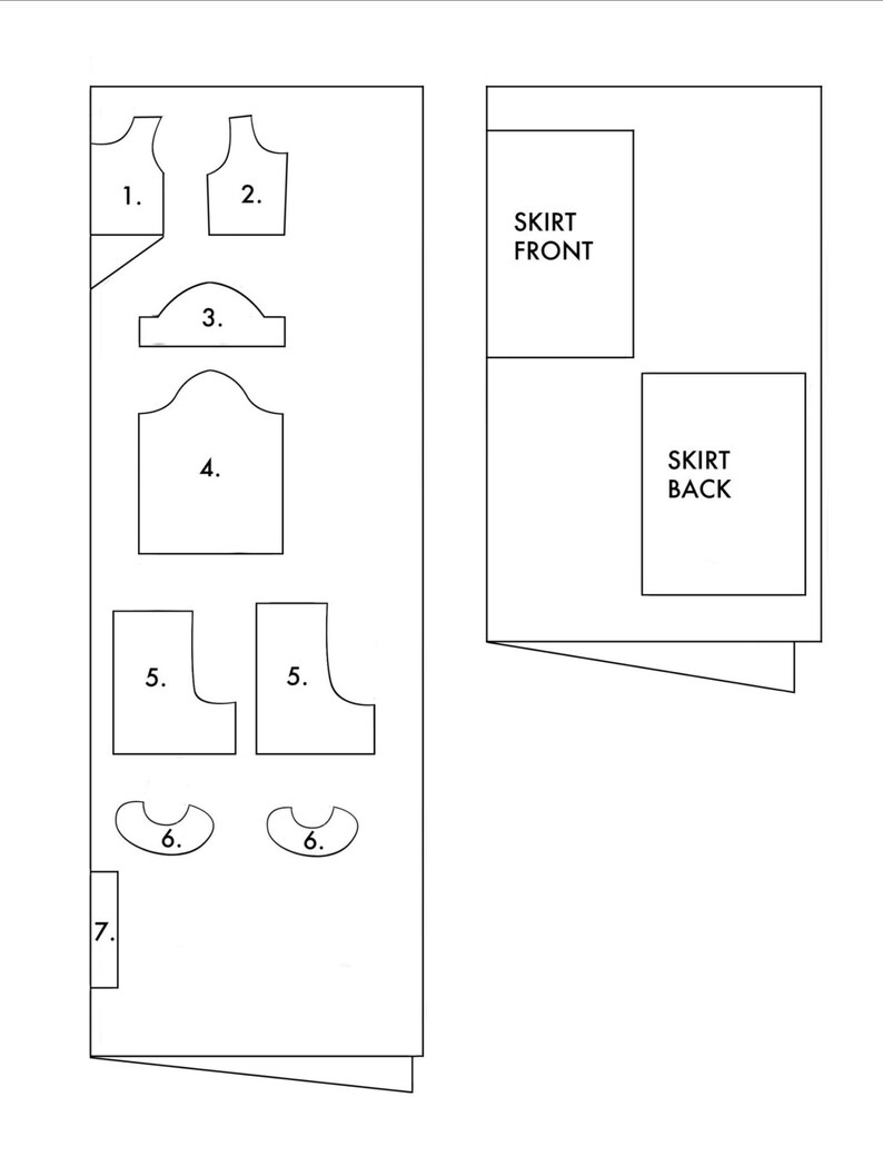 Puede incluir: Un patr&oacute;n de costura blanco con varias piezas de ropa numeradas. El patr&oacute;n incluye piezas para la parte delantera y trasera de una falda, junto con otros componentes. El texto "SKIRT FRONT" y "SKIRT BACK" es visible.