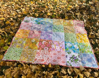 Rainbow Vintage Sheet King Single Quilt - Picnic Blanket - Lap Quilt - Handmade with Vintage Sheets