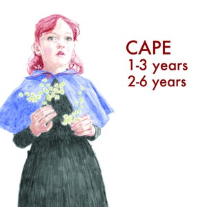 May include: A watercolour illustration of a child in a blue cape and dark dress, holding yellow flowers. Text reads "CAPE", with age ranges: 1-3 years and 2-6 years.
