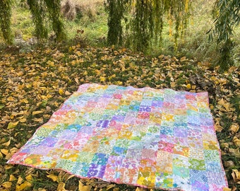 Rainbow Queen Bed Vintage Sheet Quilt - Picnic Blanket - Cot Quilt - Crib Quilt - Lap Quilt - Handmade with Vintage Sheets