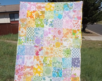 Rainbow Vintage Sheet Quilt - Picnic Blanket - Cot Quilt - Crib Quilt - Lap Quilt - Handmade with Vintage Sheets