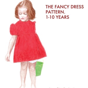 Puede incluir: Ilustraci&oacute;n en acuarela de una ni&ntilde;a con un vestido rojo y un cubo verde. El texto dice "THE FANCY DRESS PATTERN. 1-10 YEARS" y "Amelie & Atticus".