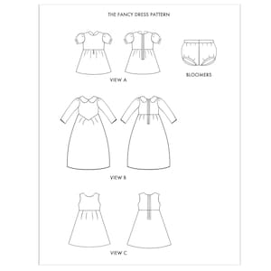 Puede incluir: Dibujo lineal de un patr&oacute;n de costura con el texto "THE FANCY DRESS PATTERN". El patr&oacute;n incluye vistas de vestidos con diferentes largos y estilos de mangas, y un par de bragas. Los vestidos tienen varios detalles de dise&ntilde;o.