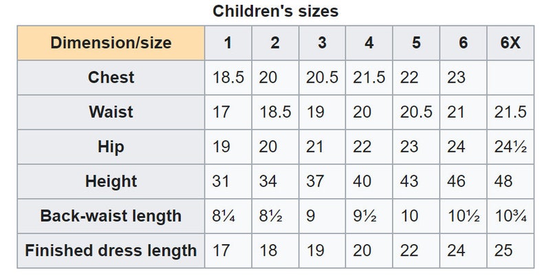 Puede incluir: Una tabla titulada "Tallas de ni&ntilde;os" muestra medidas de pecho, cintura, cadera, altura, largo de espalda y largo del vestido terminado. Las tallas van de 1 a 6X, con medidas en pulgadas. La tabla es informativa.