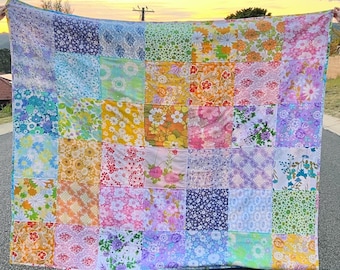 Vintage Sheet Queen Bed Quilt - Picnic Blanket - Handmade Bedding with Rainbow Vintage Sheets