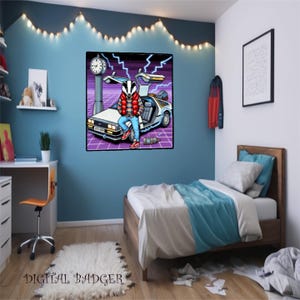 May include: A cartoon badger wearing a red vest and jeans is standing next to a white DeLorean time machine. The scene is set in a retro 80s style with purple and pink grid lines and lightning bolts. The badger is holding a walkie-talkie.