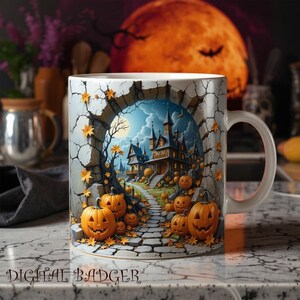 May include: White ceramic mug featuring a Halloween scene with a spooky castle, jack-o'-lanterns, and a full moon. The mug has a handle and is decorated with an arched stone gateway and autumn leaves. The text "DIGITAL BADGER" is at the bottom.