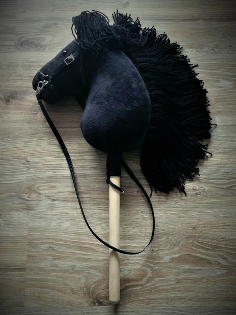 May include: A black plush rocking horse with a wooden stick handle and a black leather strap. The horse has a long black mane and tail.