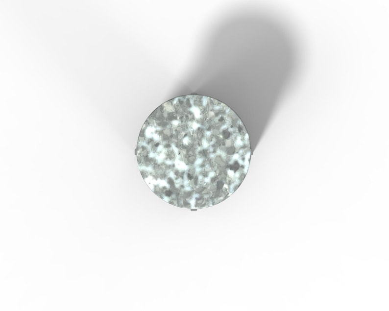 May include: A round, gray and white, speckled, metal table top.