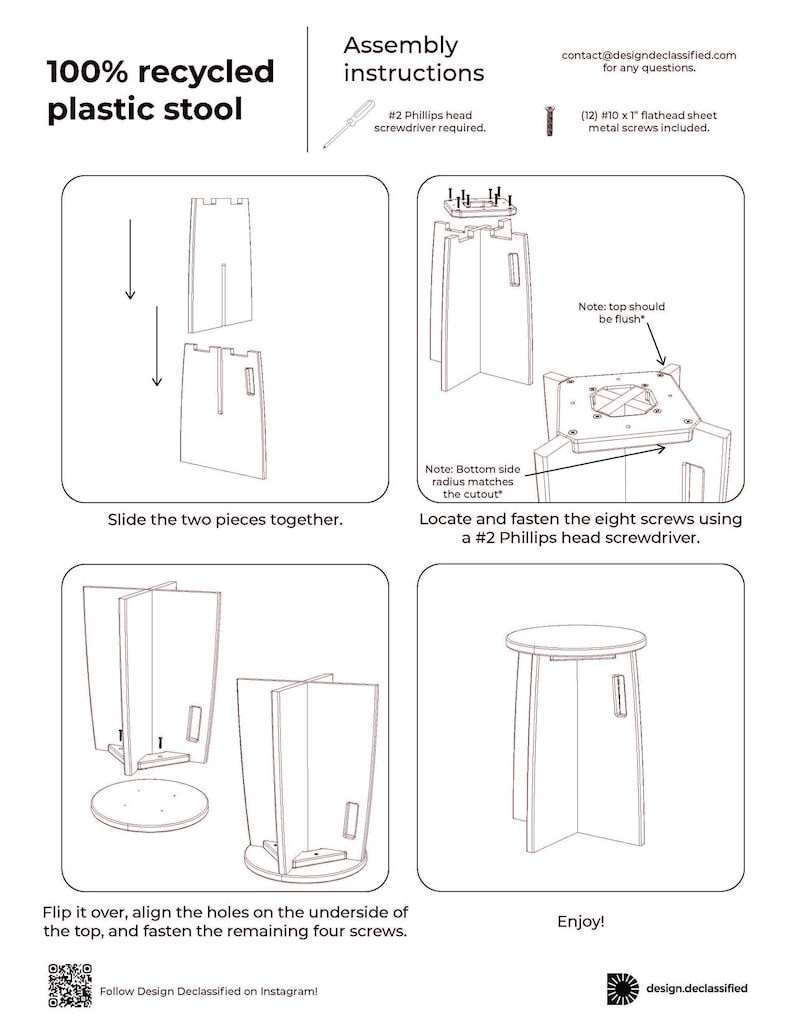 May include: Assembly instructions for a 100% recycled plastic stool. The instructions show how to assemble the stool using a #2 Phillips head screwdriver and 12 #10 x 1/2" flathead sheet metal screws. The instructions also note that the top should be flush and the bottom side radius should match the cutout.