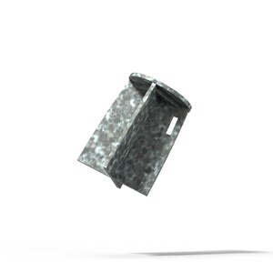 May include: A galvanized metal corner brace with three sides and a rounded edge. The brace is designed to connect two pieces of wood at a 90-degree angle.