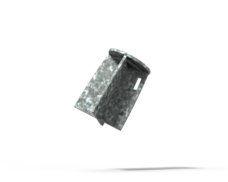 May include: A galvanized metal corner brace with three sides and a rounded edge. The brace is designed to connect two pieces of wood at a 90-degree angle.