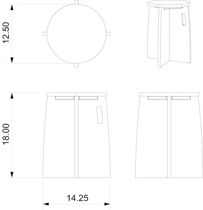 Peut inclure: Un dessin au trait noir et blanc d'un tabouret pliant avec des dimensions de 45,7 cm de haut et 36,2 cm de large. Le tabouret a un diam&egrave;tre de 31,8 cm.