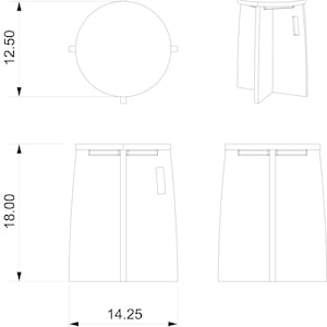May include: A black and white line drawing of a folding stool with dimensions 18 inches tall and 14.25 inches wide. The stool is 12.5 inches in diameter.