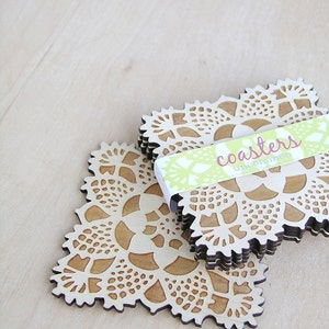 square doily coasters with natural woodgrain image 2