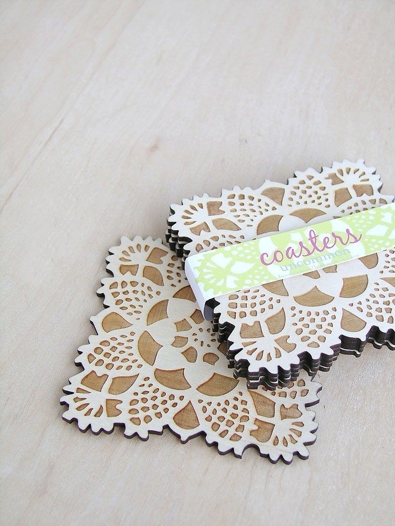 square doily coasters with natural woodgrain image 2