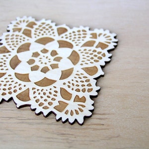 square doily coasters with natural woodgrain image 1