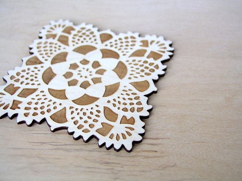 square doily coasters with natural woodgrain image 1