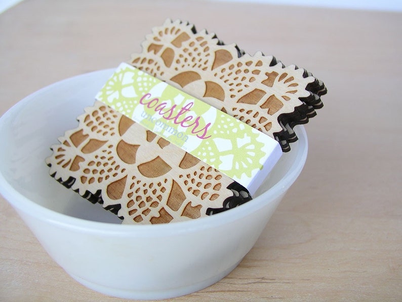 square doily coasters with natural woodgrain image 5