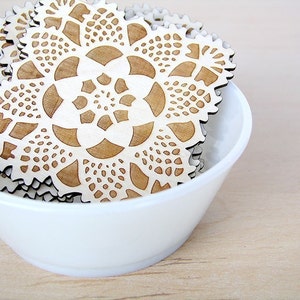 square doily coasters with natural woodgrain image 3