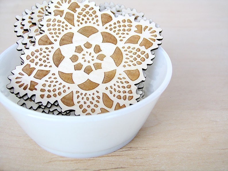 square doily coasters with natural woodgrain image 3