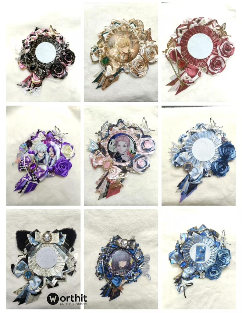 May include: A collection of decorative rosettes with various designs. Each rosette features a central circular element, surrounded by fabric roses, ribbons, and embellishments. Some include character portraits. The color palette includes black, pink, blue, and gold.
