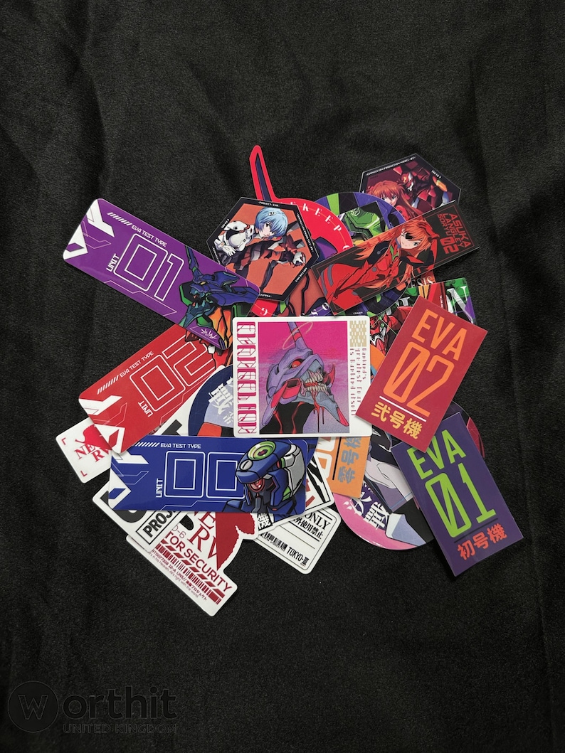 May include: A collection of colorful stickers featuring anime characters and Japanese text. The stickers have various shapes and sizes, with images of robots and characters. Some stickers have the text "EVA 01" and "EVA 02".