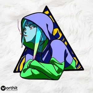 Puede incluir: Ilustraci&oacute;n de una persona con piel azul, con una sudadera con capucha morada con la parte delantera verde, fumando un cigarrillo. La imagen est&aacute; sobre un fondo blanco y enmarcada por un tri&aacute;ngulo negro con detalles en amarillo y azul. El logotipo de Worthit United Kingdom est&aacute; en la esquina inferior izquierda.