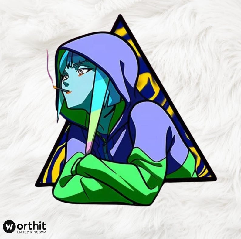 Puede incluir: Ilustraci&oacute;n de una persona con piel azul, con una sudadera con capucha morada con la parte delantera verde, fumando un cigarrillo. La imagen est&aacute; sobre un fondo blanco y enmarcada por un tri&aacute;ngulo negro con detalles en amarillo y azul. El logotipo de Worthit United Kingdom est&aacute; en la esquina inferior izquierda.