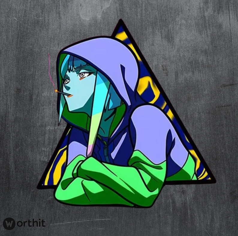 Puede incluir: Ilustraci&oacute;n de una persona con piel azul que lleva una sudadera con capucha morada con detalles verdes, fumando un cigarrillo. La figura est&aacute; sobre un fondo gris y un tri&aacute;ngulo amarillo y azul.