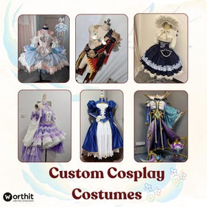 May include: A collection of custom cosplay costumes displayed on mannequins. The costumes include a variety of styles, such as a blue and pink dress, a warrior outfit, a navy blue dress, a purple dress, a blue and white dress, and a fantasy character costume. The text "Custom Cosplay Costumes" is also visible.
