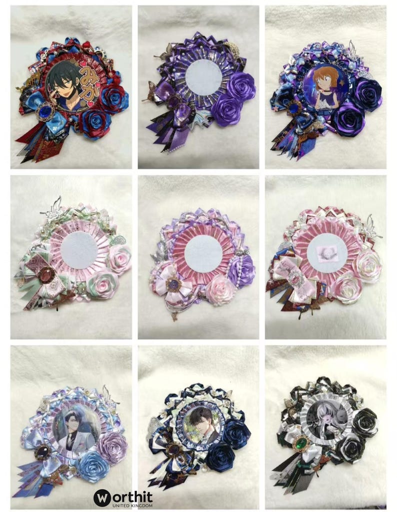 May include: Nine decorative rosette badges with various designs. Each badge features a central circular area, surrounded by ribbons, rosettes, and embellishments. Some include character illustrations, while others have blank centers. Colors include blue, purple, pink, and white.
