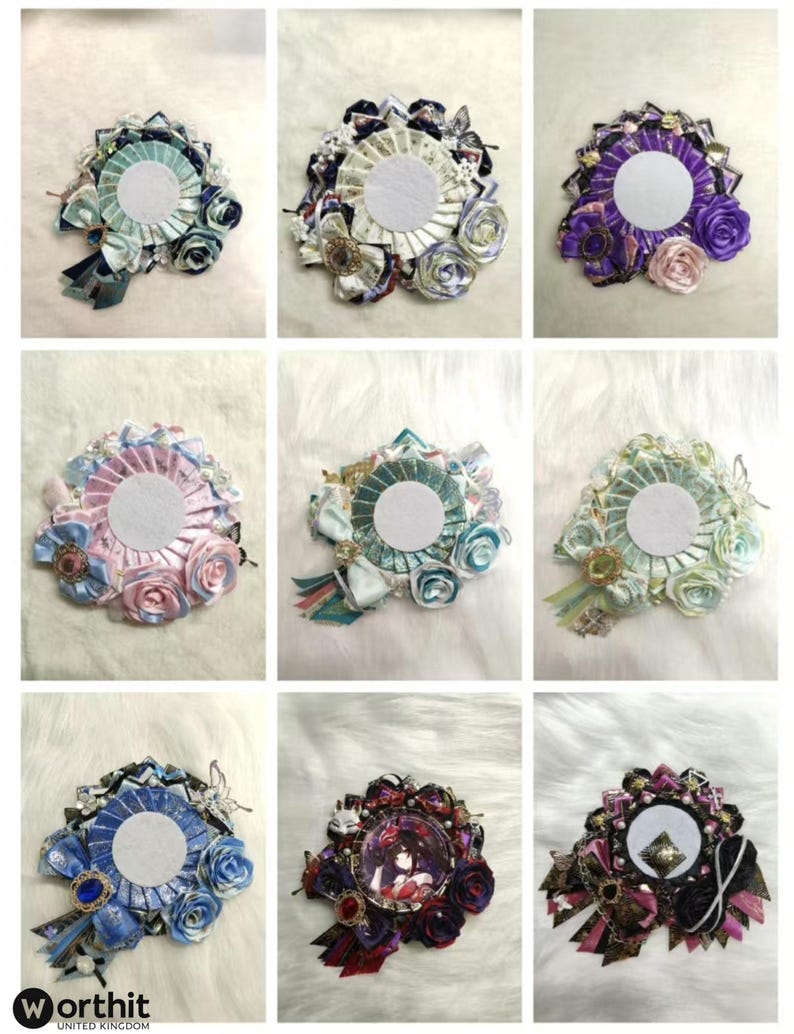 May include: Nine decorative rosettes in various colors, each featuring a central white circle. The rosettes are adorned with ribbons, bows, and fabric flowers in shades of blue, purple, pink, and mixed patterns. Some include embellishments.