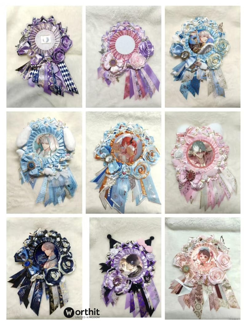 May include: A collection of nine decorative ribbon badges in various colors, including blue, purple, and pink. Each badge features a central image, surrounded by fabric flowers, ribbons, and decorative elements. The badges have a layered design.