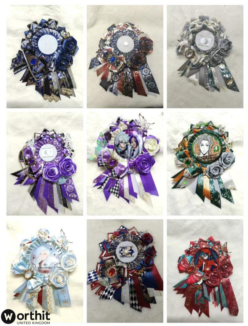 May include: A collection of nine decorative rosette badges. Each badge features a central circular element, surrounded by layered ribbons, fabric, and embellishments. Colors include blue, purple, red, green, and silver, with floral and patterned details.