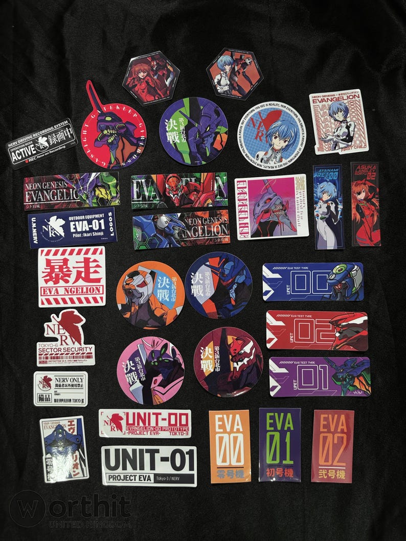 May include: A collection of colorful anime-themed stickers and badges featuring characters and logos from the Neon Genesis Evangelion series. The items include various shapes, sizes, and designs, with Japanese text.