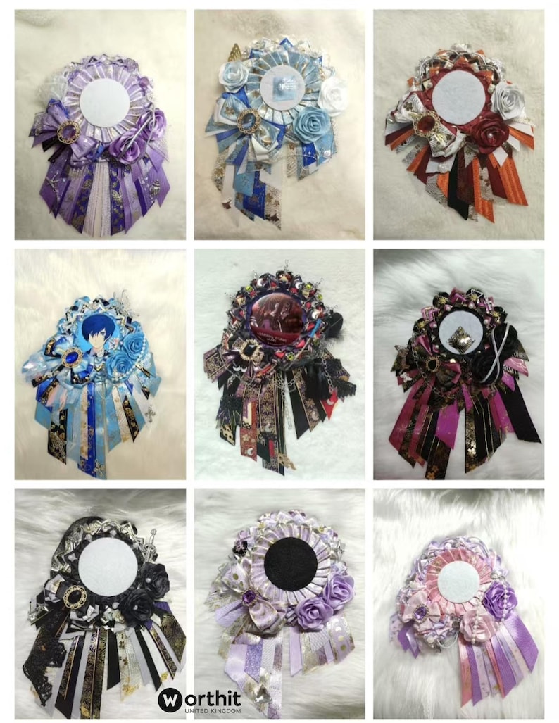 May include: A collection of nine decorative rosette badges. Each badge features a central circular element, surrounded by ribbons, fabric flowers, and embellishments in various colors, including purple, blue, red, and black. Some have decorative pins or charms.