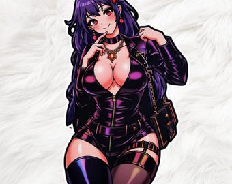 May include: A sticker featuring a woman with long purple hair, wearing a black leather jacket and a gold chain necklace with a red gemstone pendant. She is holding a black purse with a gold chain strap.