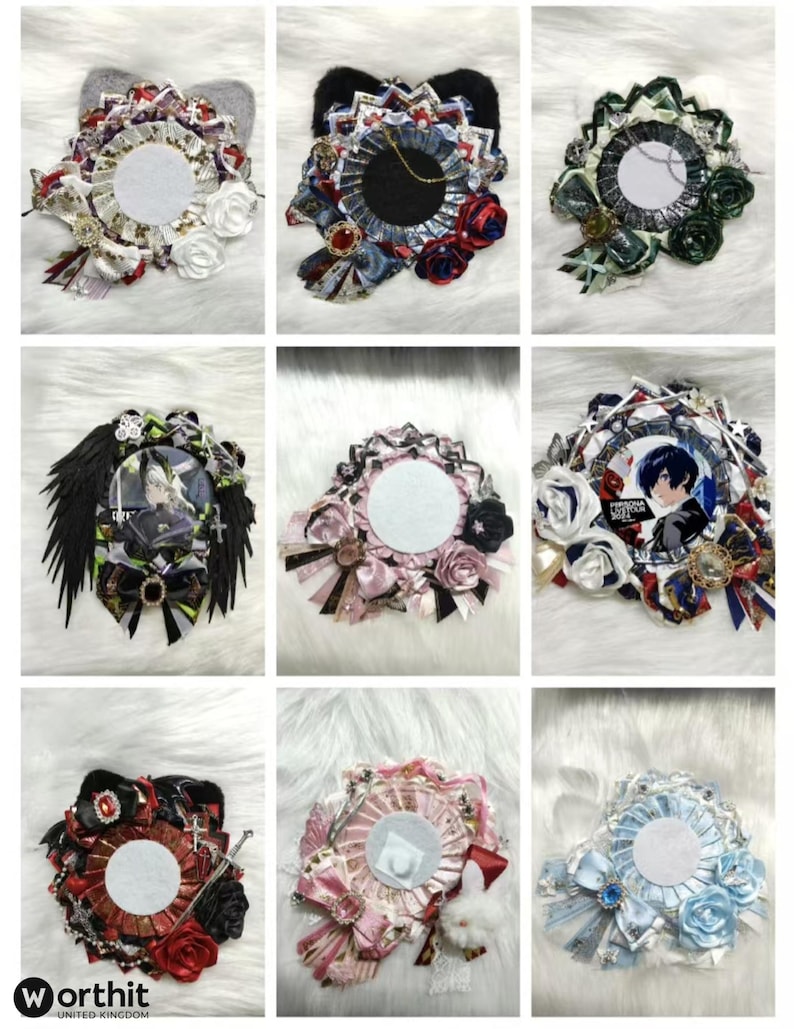 May include: A collection of decorative badges with a central circular space, surrounded by ribbons, bows, and embellishments. Some badges feature cat ears, feathers, or floral accents. Colors include red, black, white, and blue.