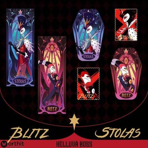 Conjunto de cartas laser x emblemas do Hazbin Hotel e Helluva Boss – Ingresso Stolas/Blitz, presente colecionável de anime de edição limitada, produtos exclusivos para fãs