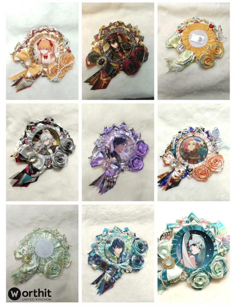 May include: A collection of handmade decorative brooches. Each brooch features a central image, surrounded by ribbons, fabric flowers, and embellishments in various colors, including gold, red, purple, and blue. The brooches have a circular or oval shape.