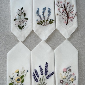 Set of 6 Handmade White Linen Napkins with Pearls, Hand Embroidered Floral Design, Perfect for Weddings, Cocktail Parties, and Table Decor