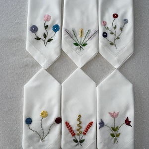 Set of 6 Handmade White Linen Napkins with Pearls, Hand Embroidered Floral Design, Perfect for Weddings, Cocktail Parties, and Table Decor