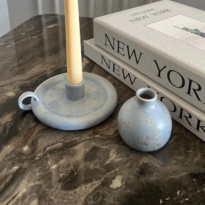 Handmade Blue Ceramic Candle Holder – Pottery Chamberstick with Handle – Artistic Glaze, Rustic & Modern Decor
