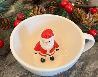 Handmade Ceramic Mug with Tiny Santa Inside | Christmas Gift | Holiday Surprise Mug | Food-Safe & Hand-Painted