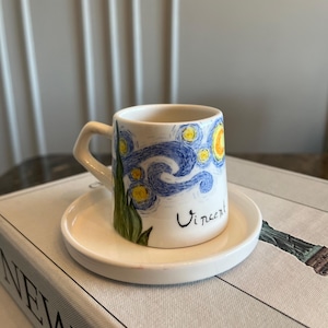 Hand-painted Van Gogh Inspired Coffee Cup – Ceramic Mug with Gold Luster Accents