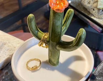Handmade Ceramic Ring Holder – Cactus & Colorful Flower Jewelry Dish
