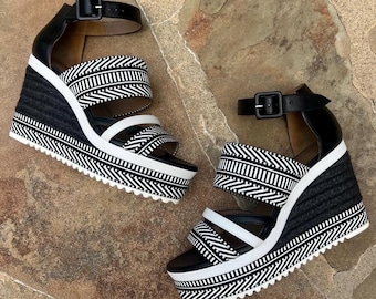 Sandalias Hermes Roma de cuña con alpargatas de piel y lona en blanco y negro